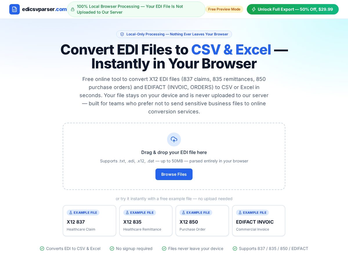 Landing-page snapshot of edicsvparser.com