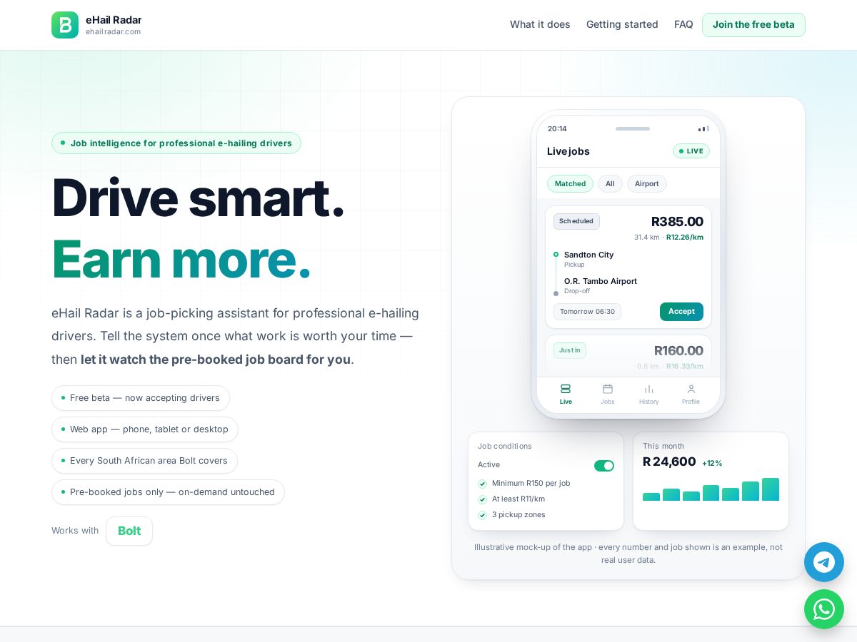 Landing-page snapshot of ehailradar.com