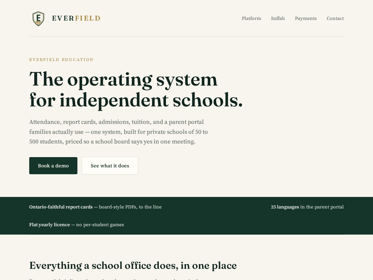 Landing-page snapshot of everfield.education