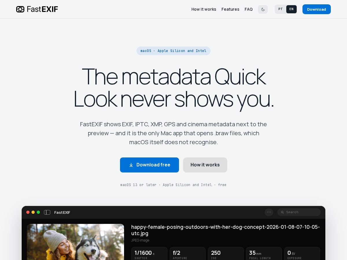 Landing-page snapshot of fastexif.app