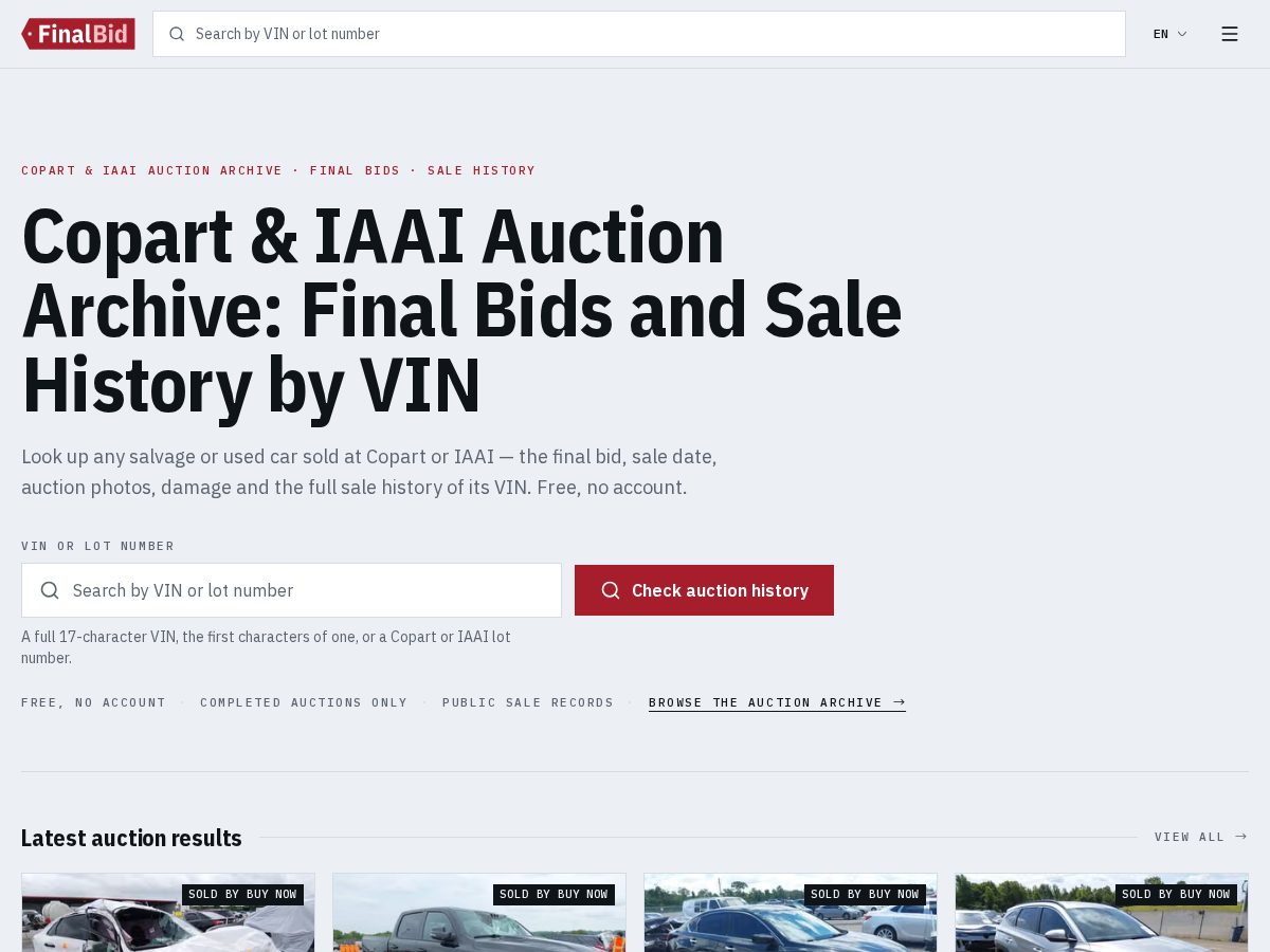 Landing-page snapshot of finalbid.vin