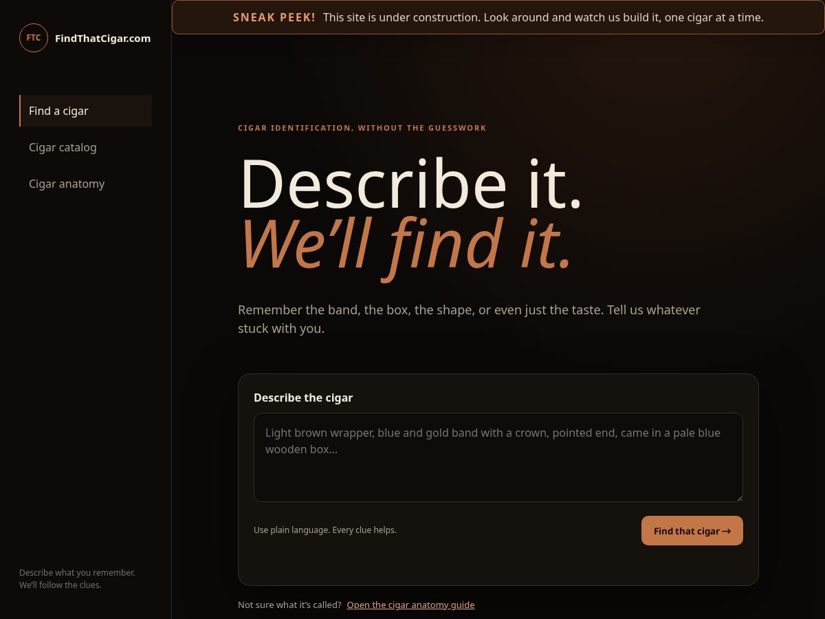 Landing-page snapshot of findthatcigar.com