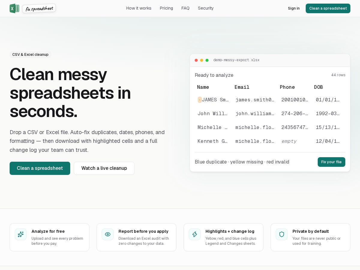 Landing-page snapshot of fixspreadsheet.com