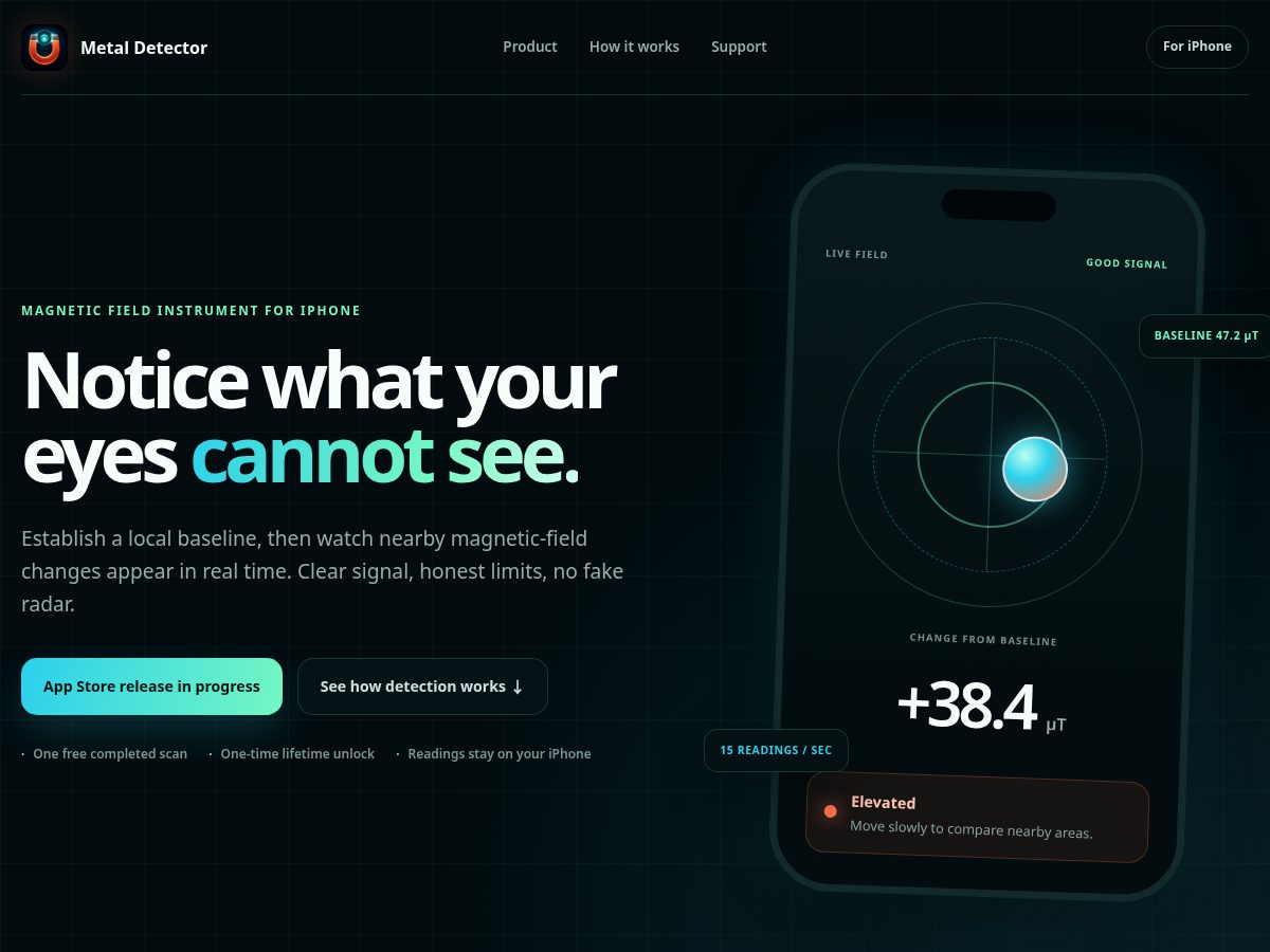 Landing-page snapshot of getmetaldetector.app