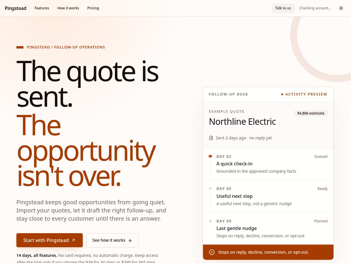 Landing-page snapshot of getpingstead.com