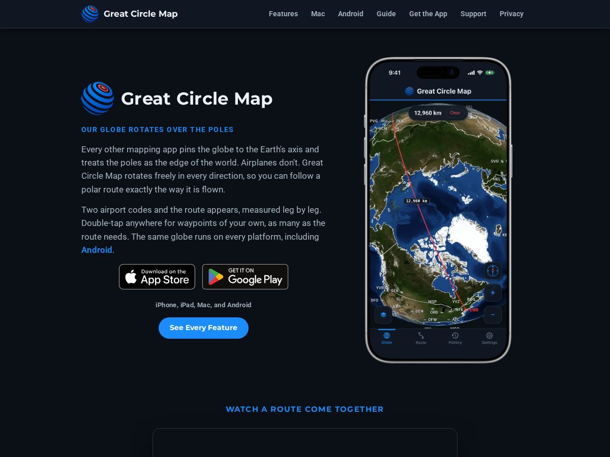 Landing-page snapshot of greatcirclemap.app