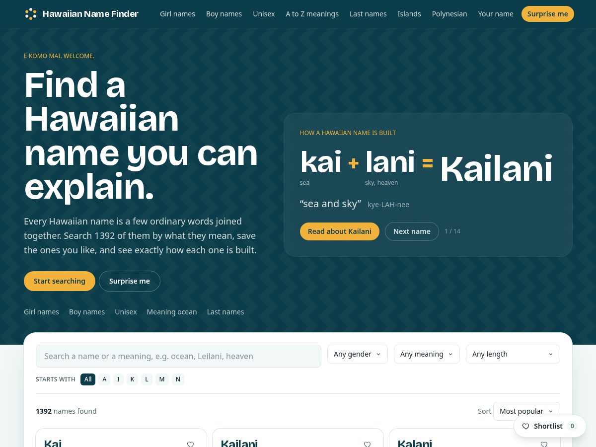 Landing-page snapshot of hawaiiannamefinder.com