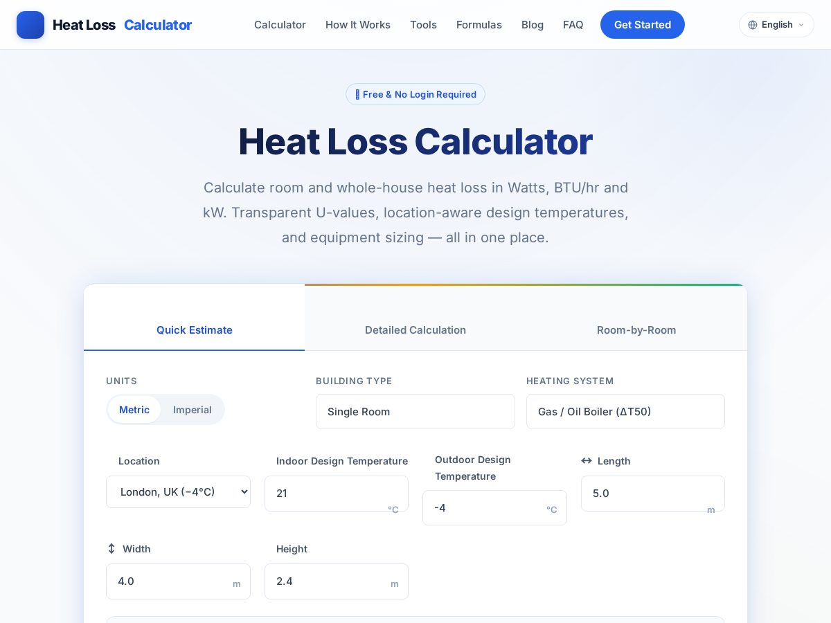 Landing-page snapshot of heatlosscalculator.com
