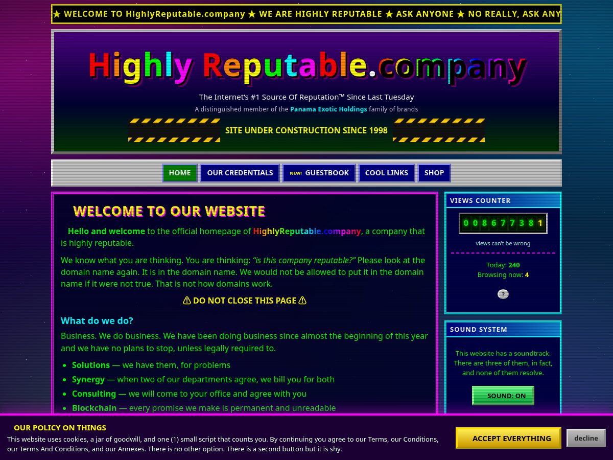 Landing-page snapshot of highlyreputable.company