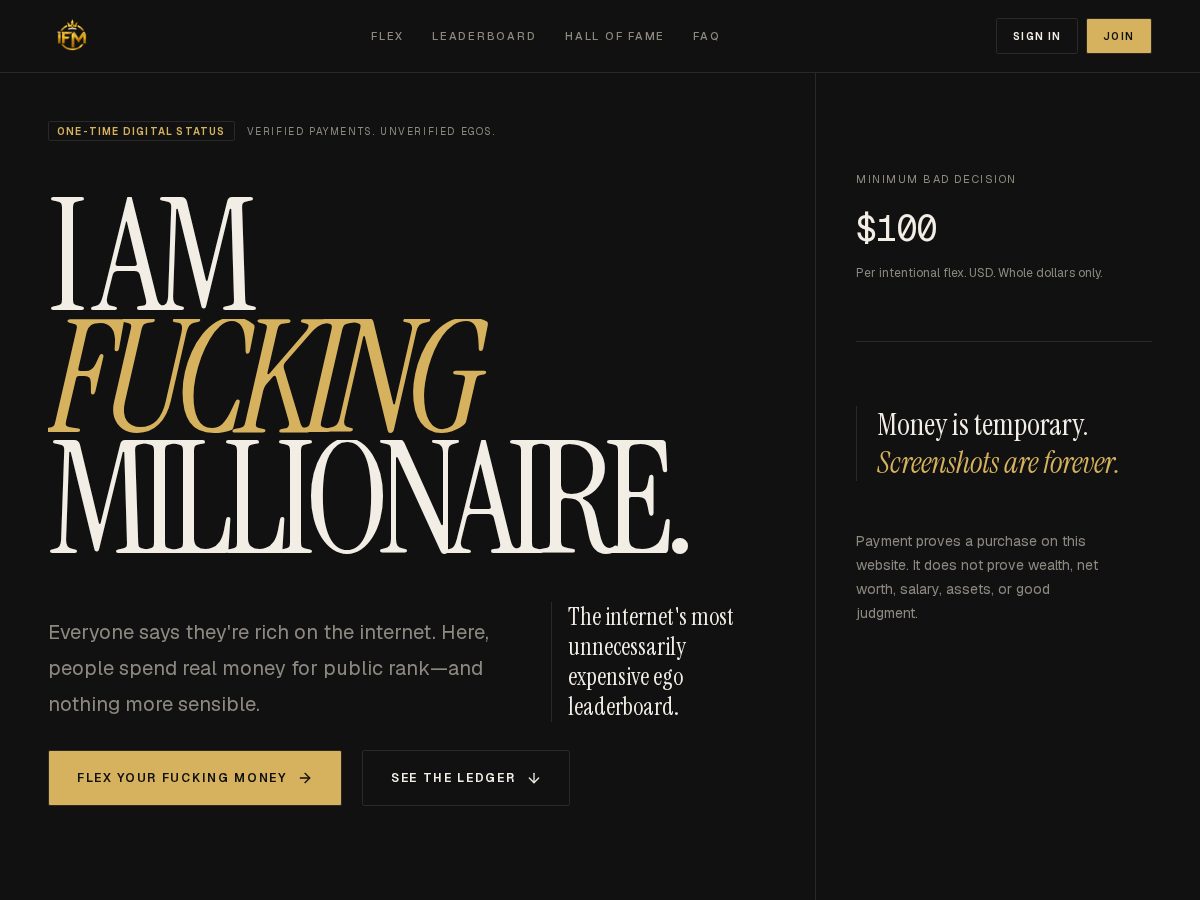 Landing-page snapshot of iamfuckingmillionaire.lol
