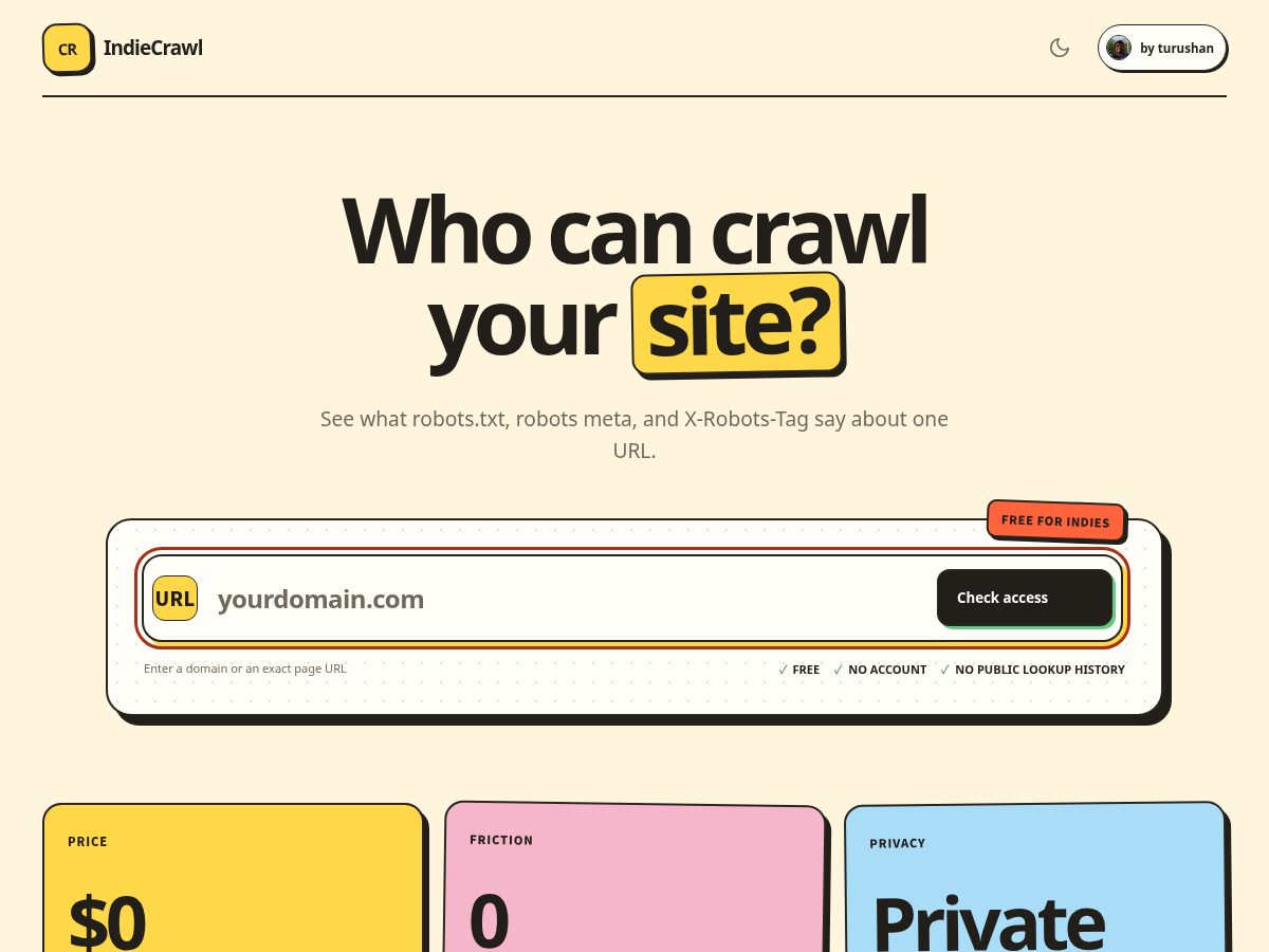 Landing-page snapshot of indiecrawl.com