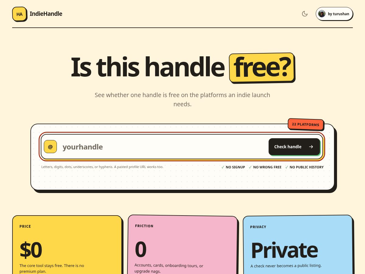 Landing-page snapshot of indiehandle.com