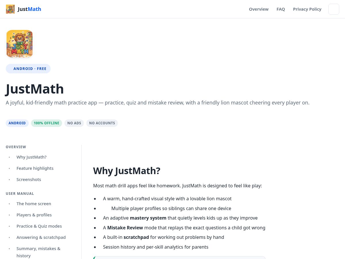 Landing-page snapshot of justmathapp.com