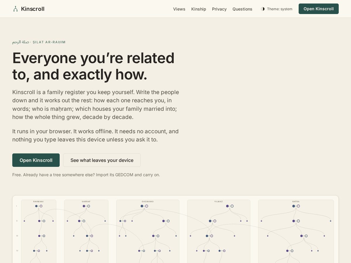 Landing-page snapshot of kinscroll.com