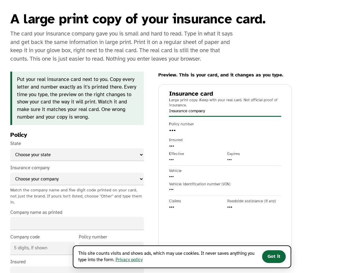Landing-page snapshot of largeprintinsurancecard.com