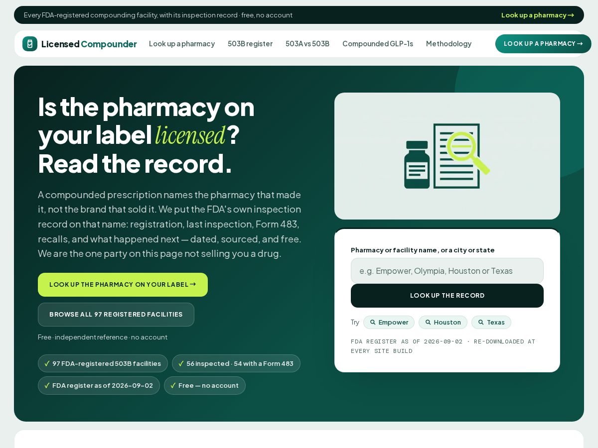 Landing-page snapshot of licensedcompounder.com