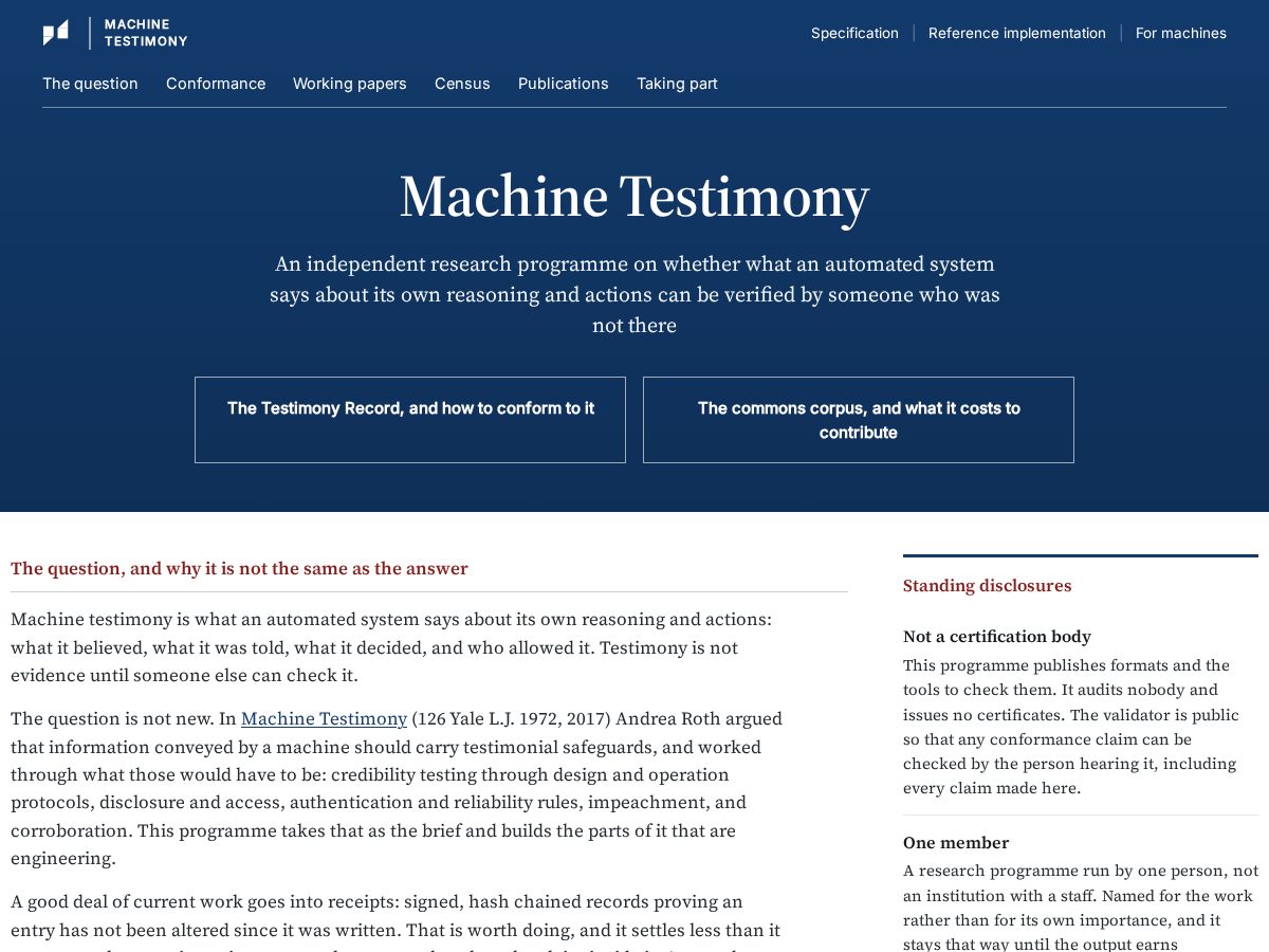 Landing-page snapshot of machinetestimony.org