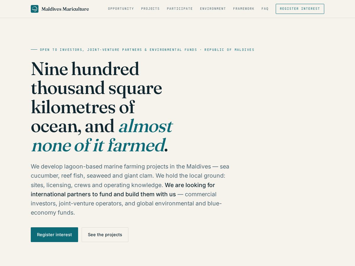 Landing-page snapshot of maldivesmariculture.com