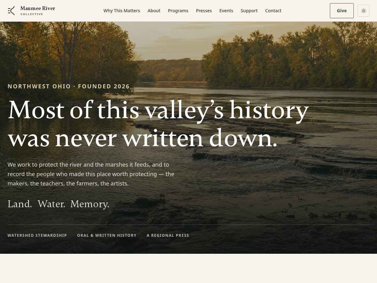 Landing-page snapshot of maumeerivercollective.com