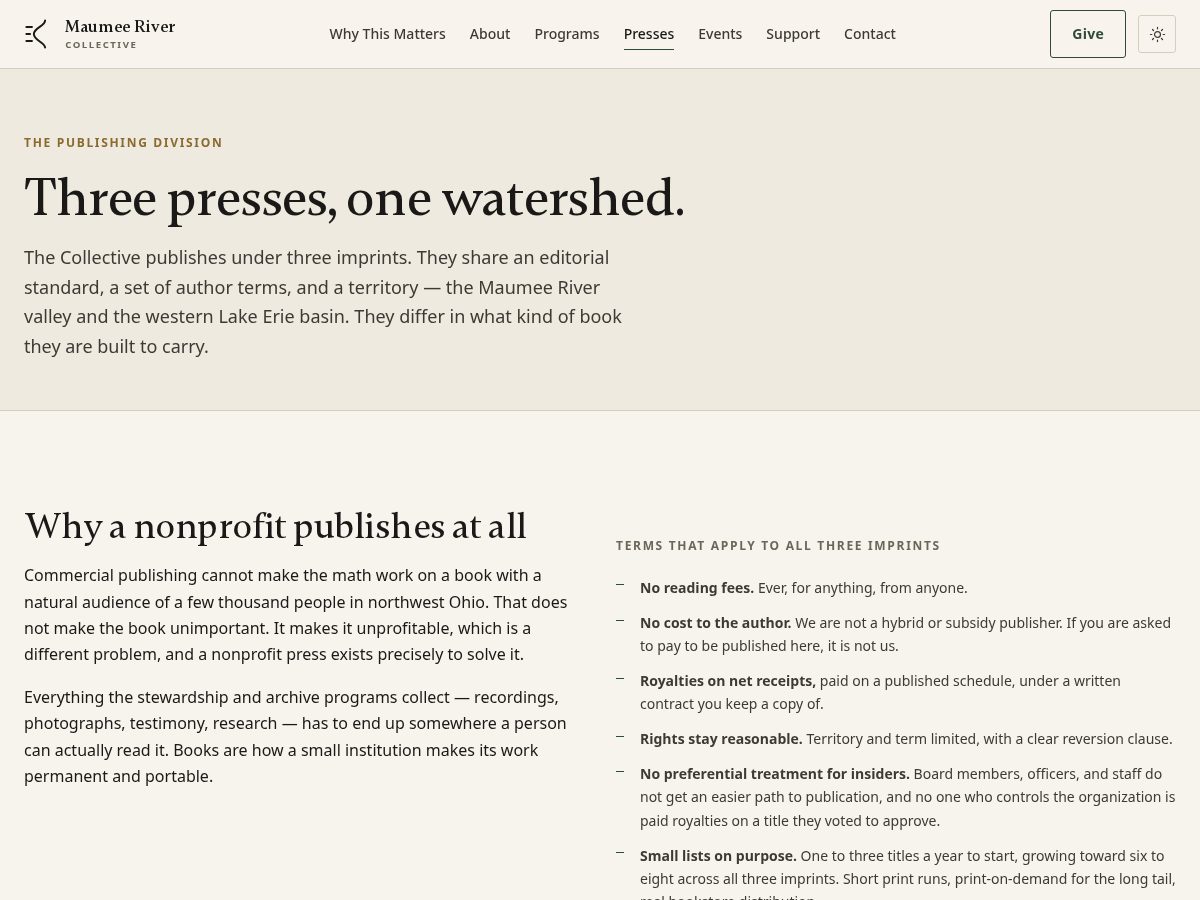 Landing-page snapshot of maumeeriverpress.com