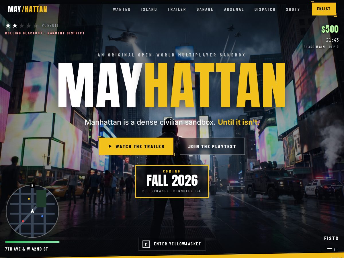 Landing-page snapshot of mayhattan.com