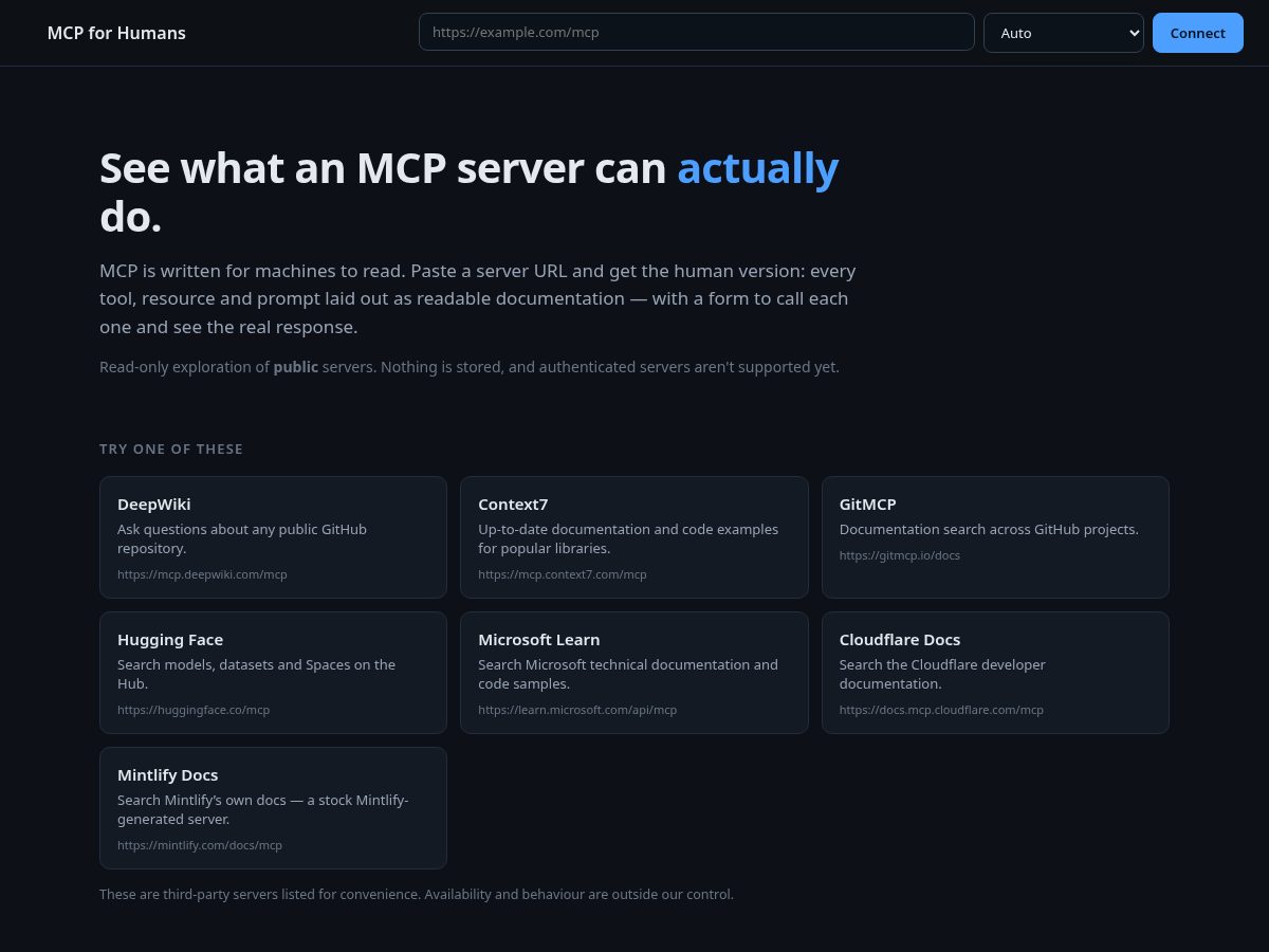 Landing-page snapshot of mcpforhumans.com