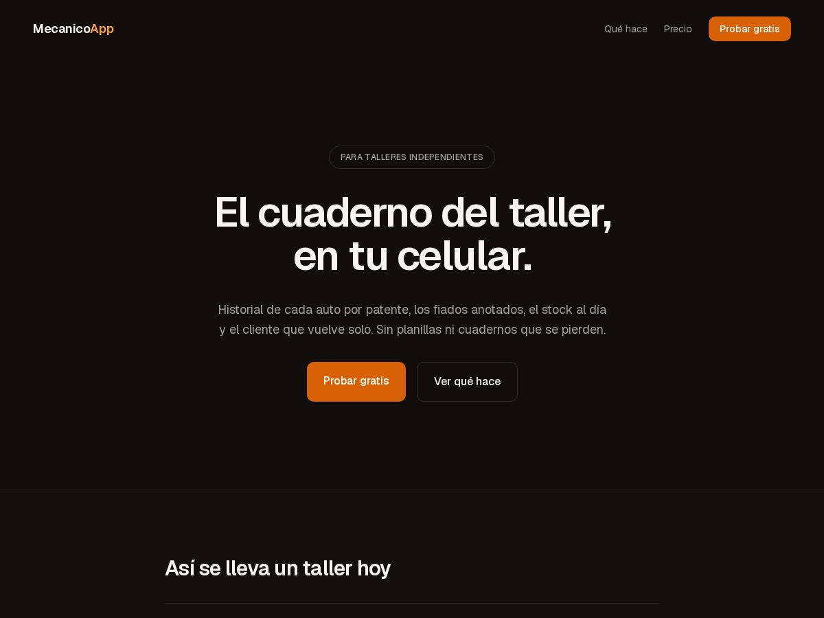 Landing-page snapshot of mecanicoapp.com