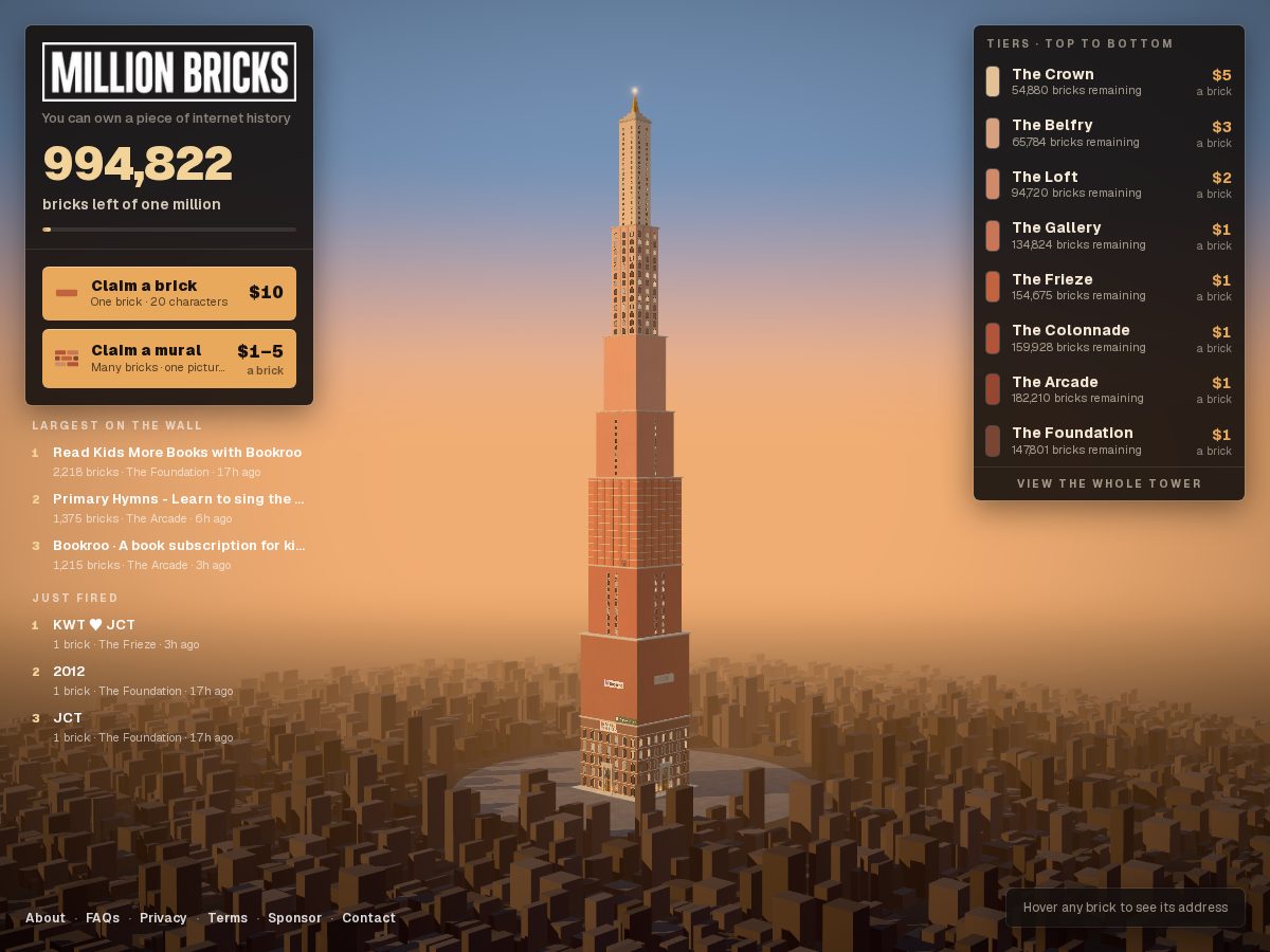Landing-page snapshot of millionbrickhomepage.com