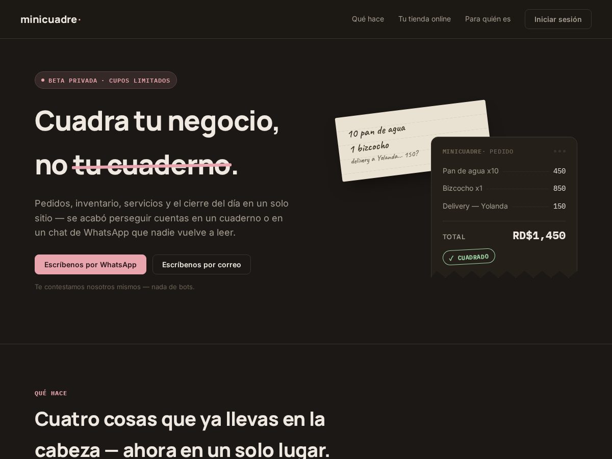 Landing-page snapshot of minicuadre.com