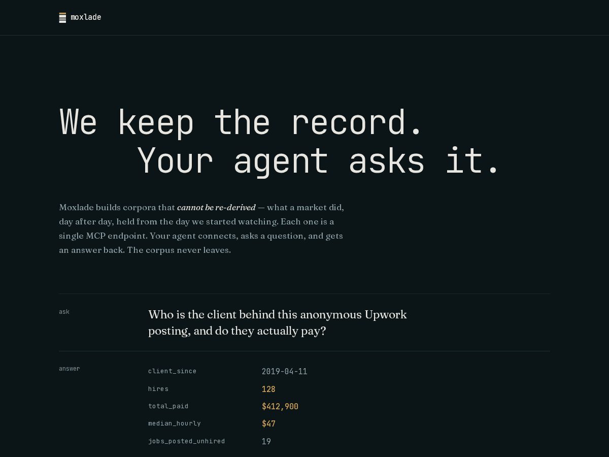 Landing-page snapshot of moxlade.com