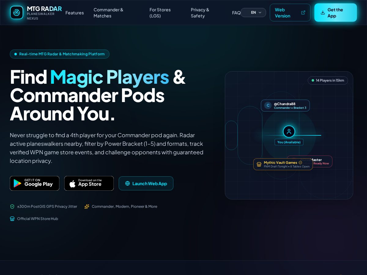 Landing-page snapshot of mtgradar.app