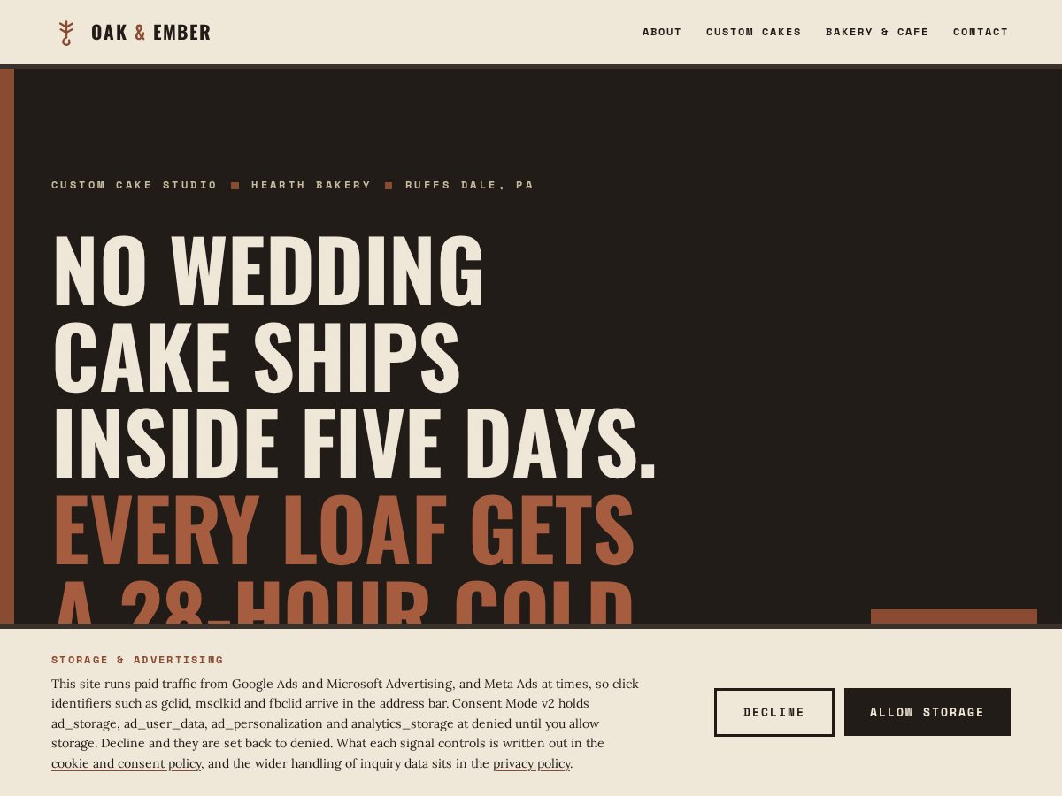 Landing-page snapshot of oakemberbakery.com