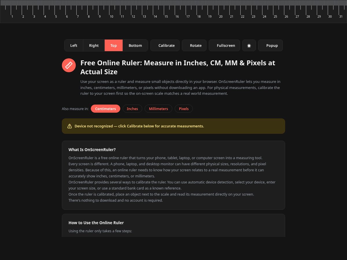 Landing-page snapshot of onscreenruler.com