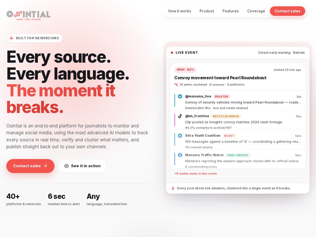 Landing-page snapshot of osintial-ai.com