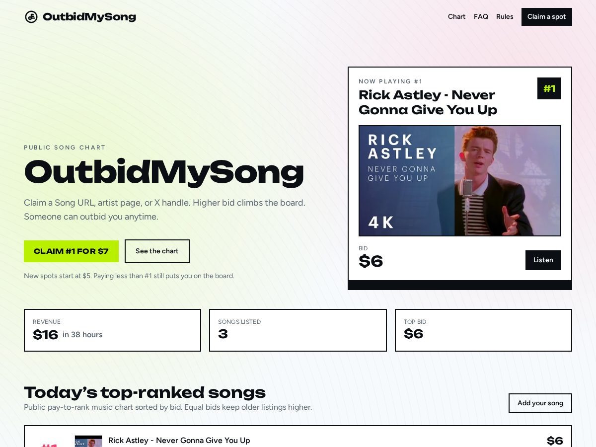 Landing-page snapshot of outbidmysong.lol