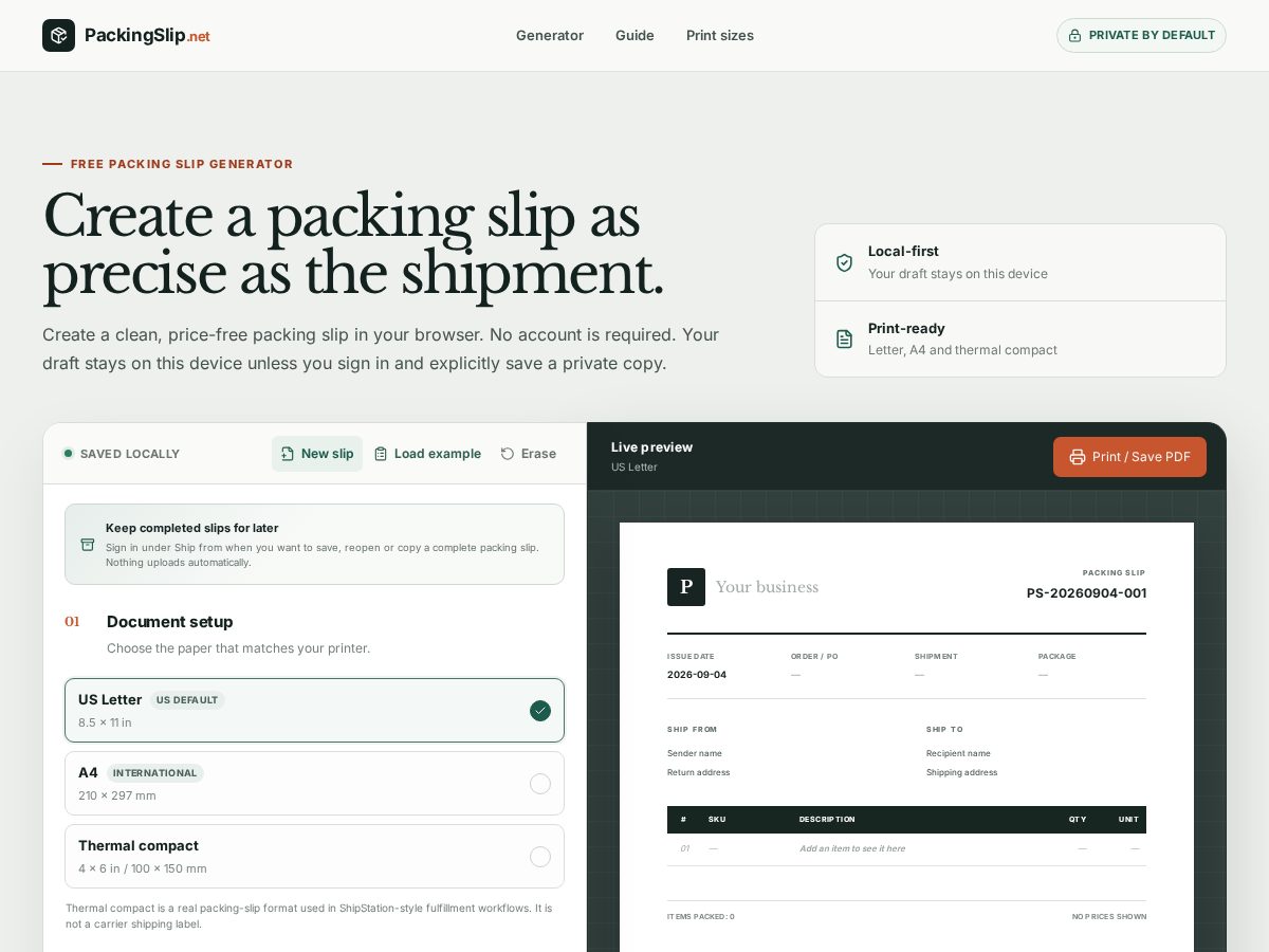 Landing-page snapshot of packingslip.net