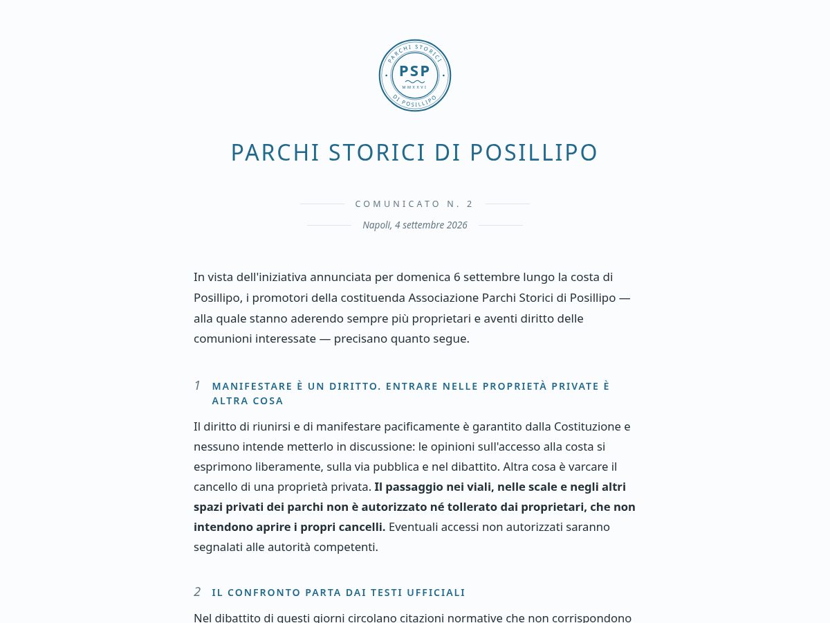 Landing-page snapshot of parchistoriciposillipo.org