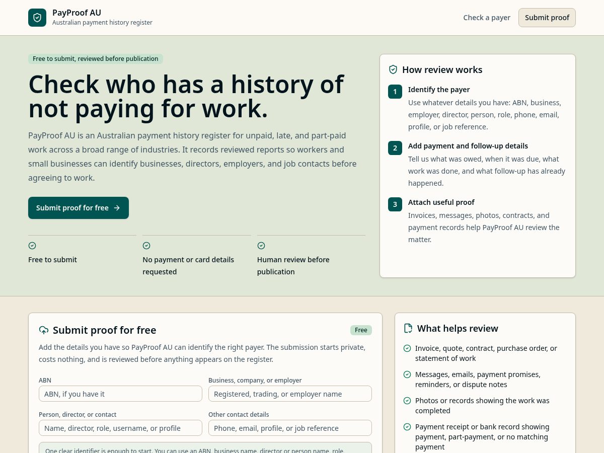 Landing-page snapshot of payproofau.com