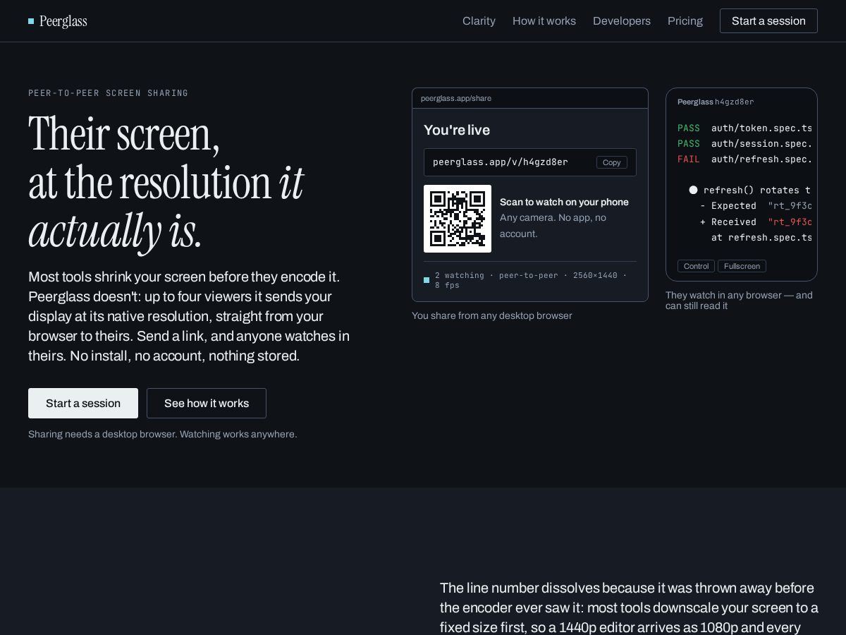Landing-page snapshot of peerglass.app