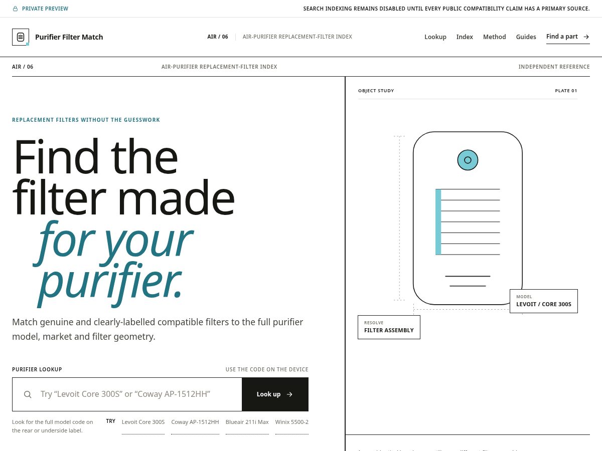 Landing-page snapshot of purifierfiltermatch.com