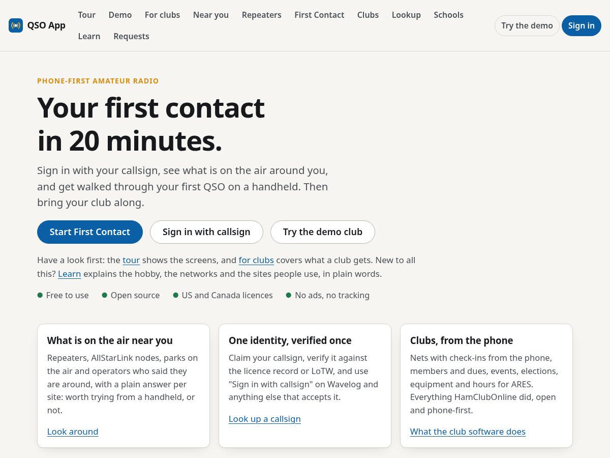Landing-page snapshot of qsoapp.com
