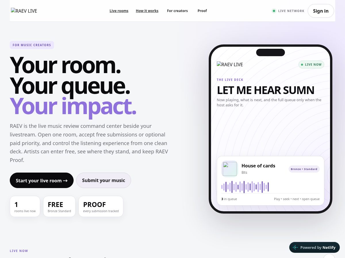 Landing-page snapshot of raev.live