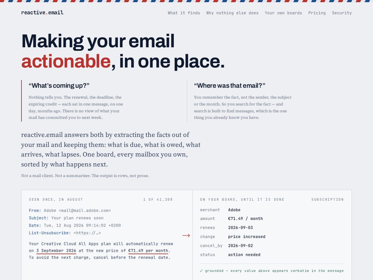 Landing-page snapshot of reactive.email