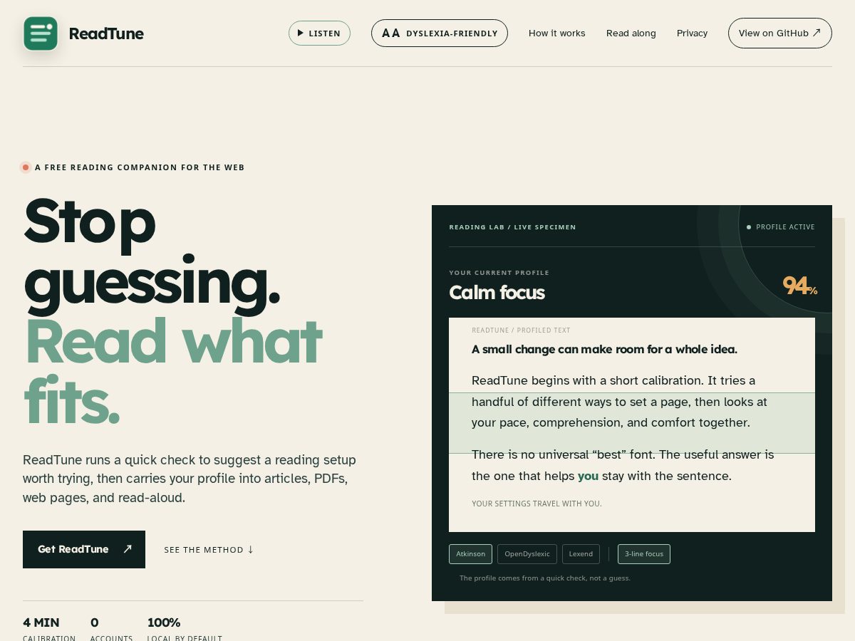 Landing-page snapshot of readtune.tech