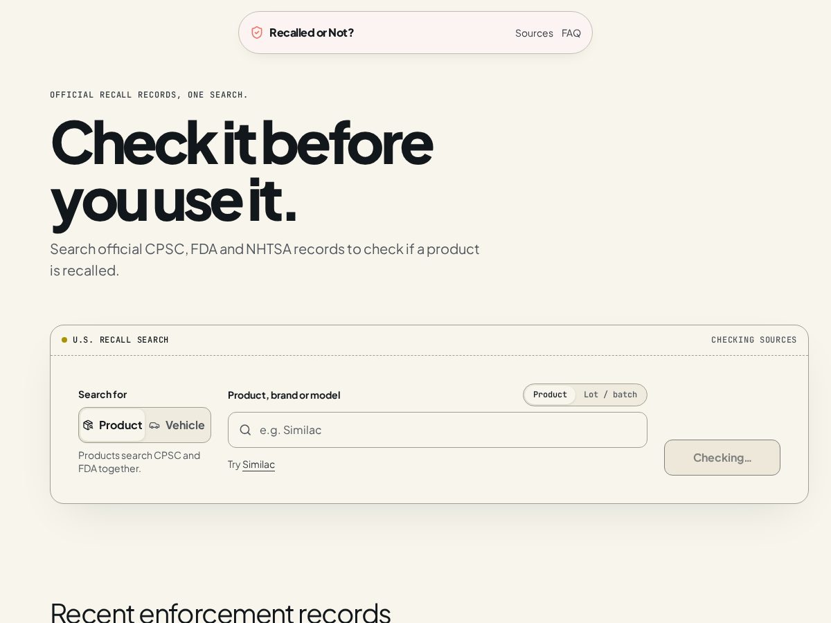 Landing-page snapshot of recalledornot.com