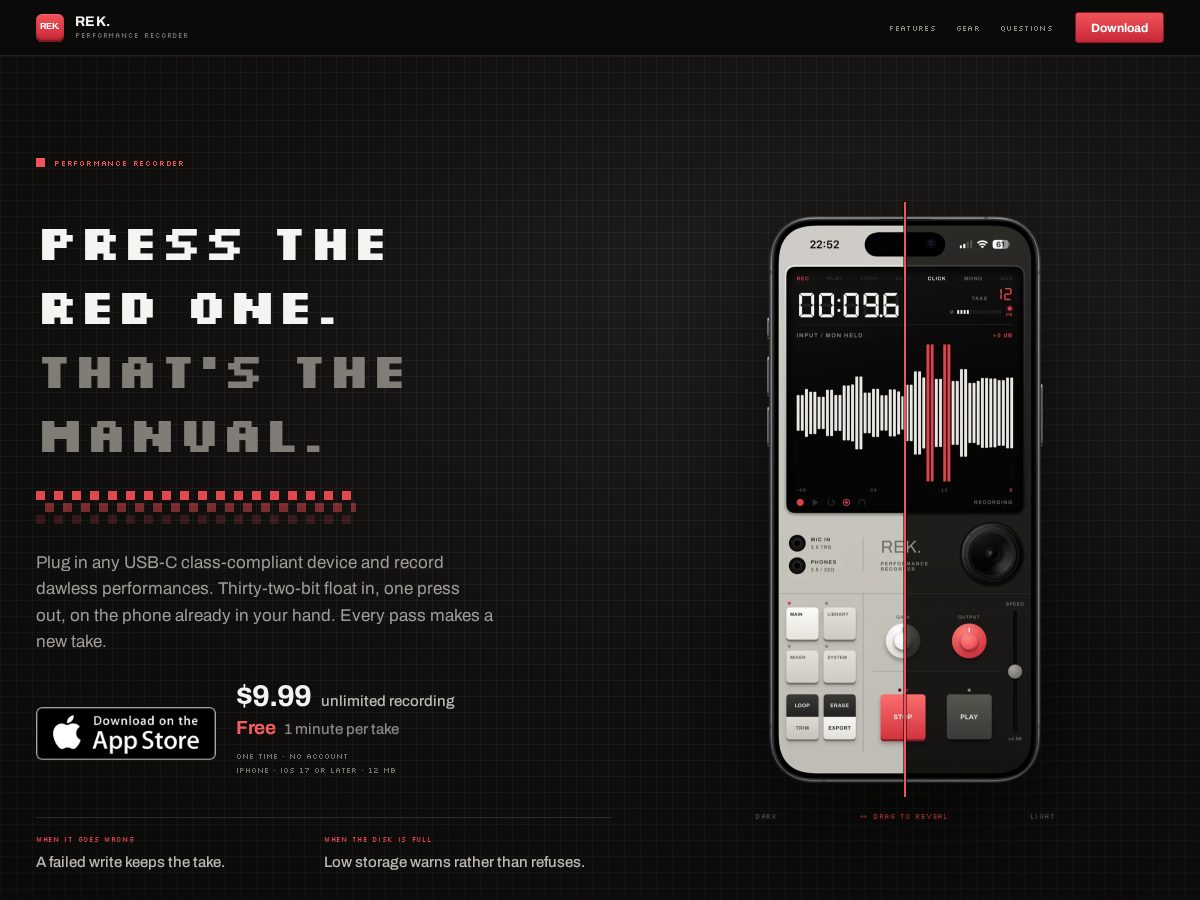 Landing-page snapshot of rekaudio.app