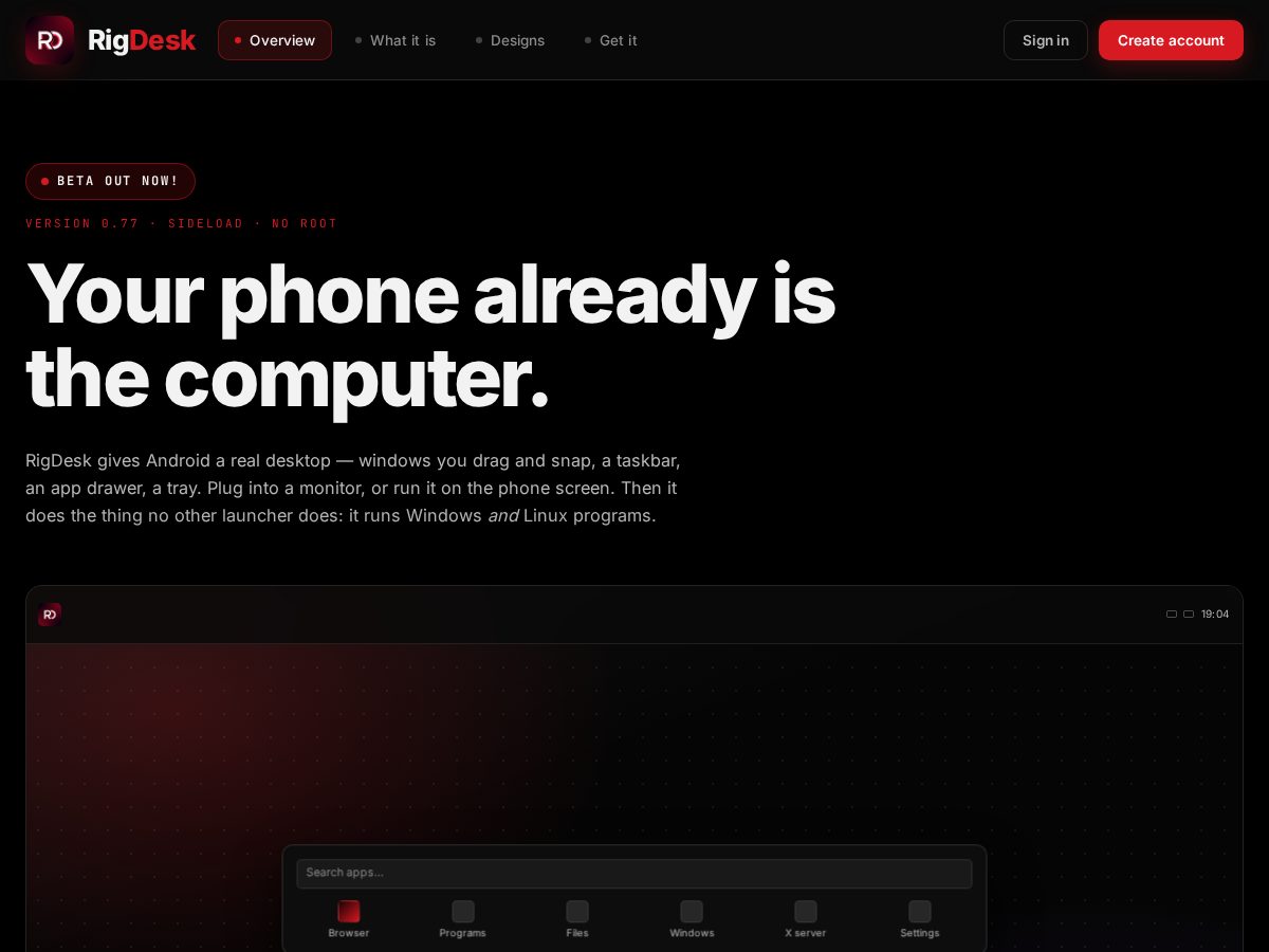 Landing-page snapshot of rigdesk.app