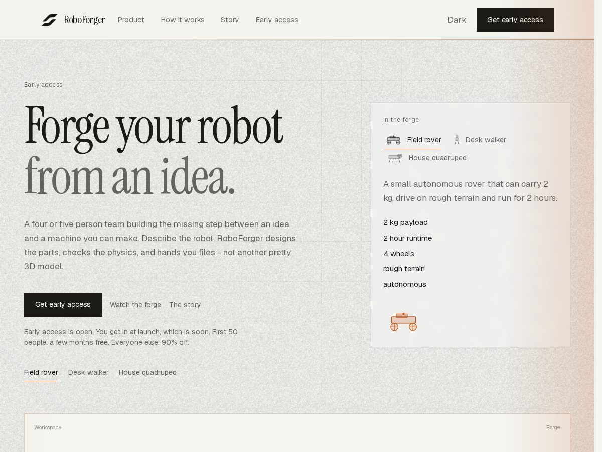 Landing-page snapshot of roboforger.com