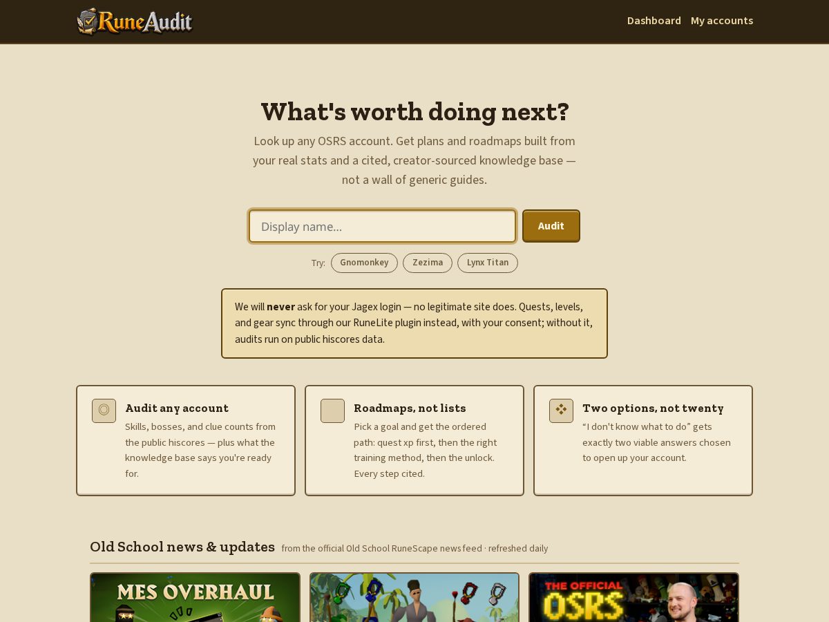 Landing-page snapshot of runeaudit.com