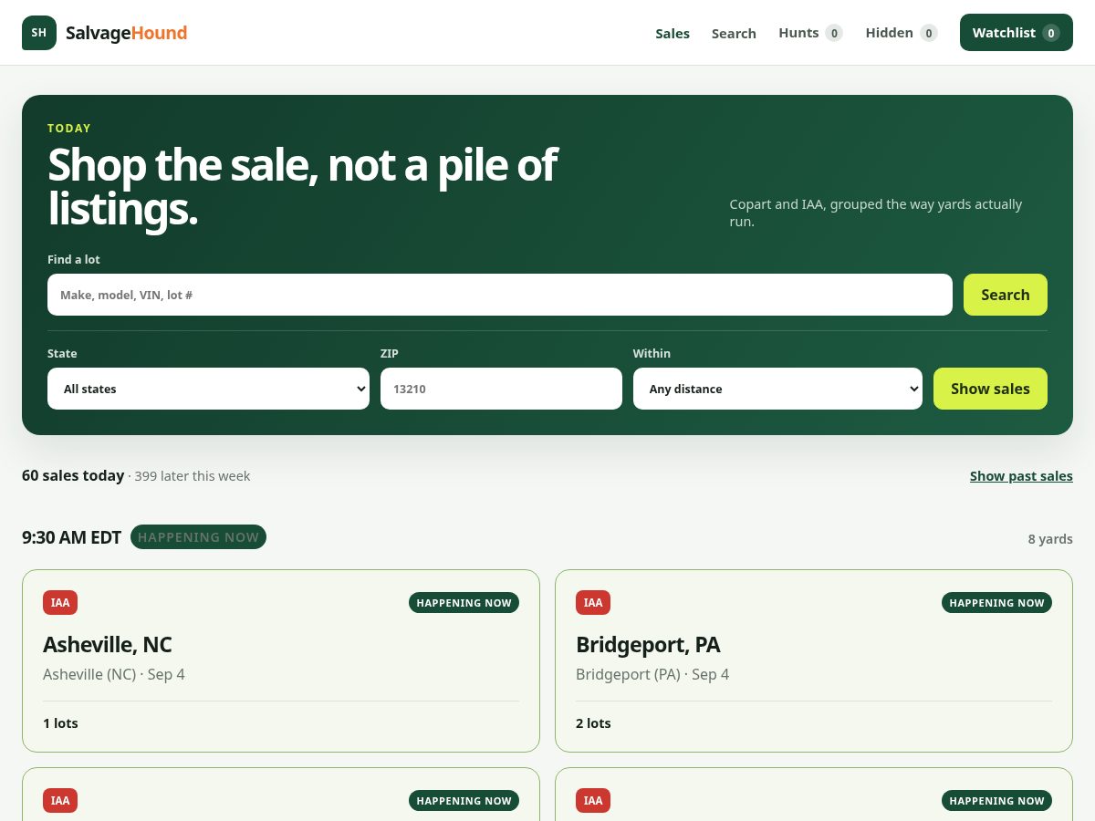 Landing-page snapshot of salvagehound.com